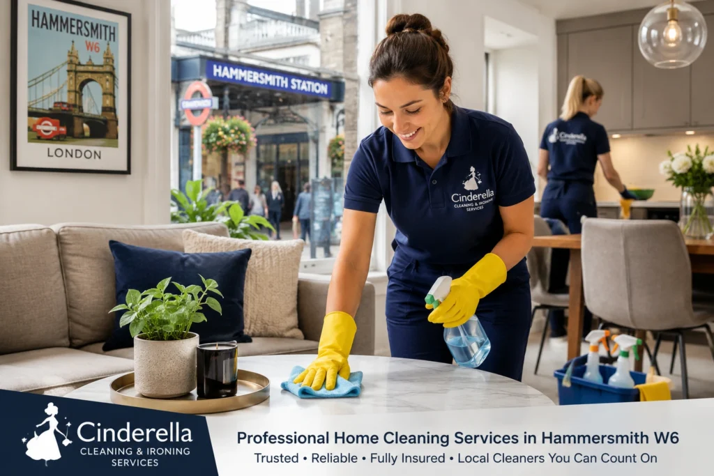 Professional home cleaner in branded Cinderella Cleaning uniform providing house cleaning services in a modern Hammersmith W6 home, London.