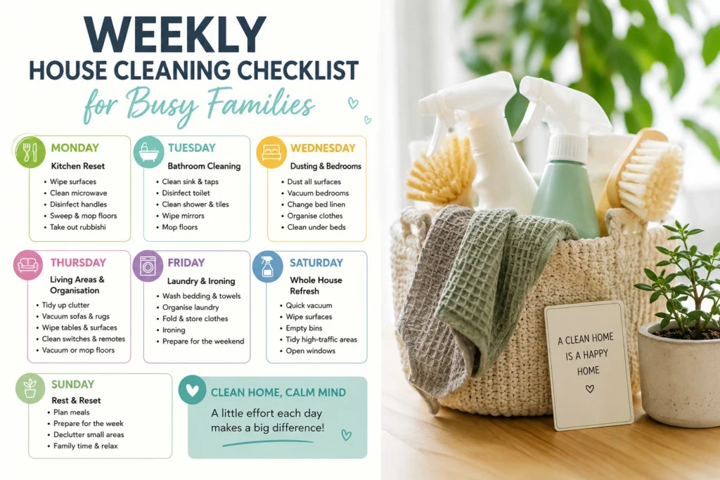 Weekly house cleaning checklist for busy families with realistic daily cleaning routines