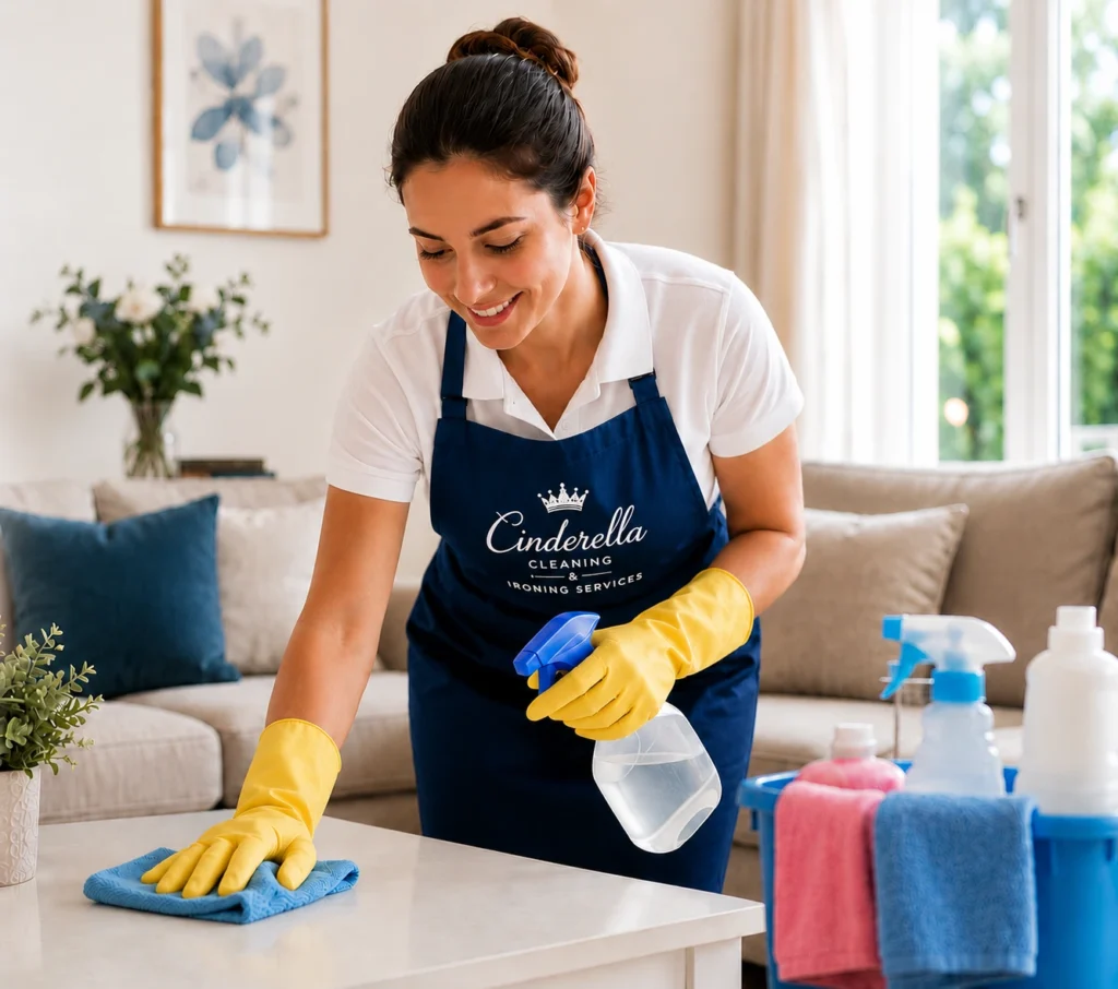Professional cleaner from Cinderella Cleaning & Ironing Services cleaning a modern London home wearing branded navy apron and yellow gloves.