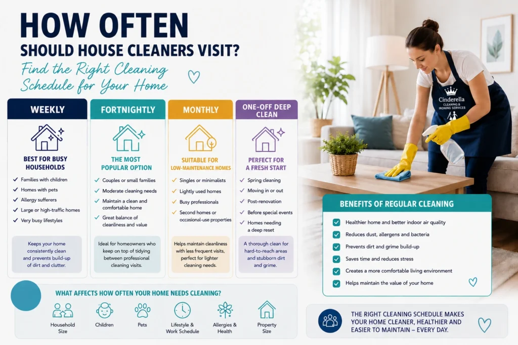 How often should house cleaners visit infographic showing weekly, fortnightly and monthly cleaning schedules for busy households