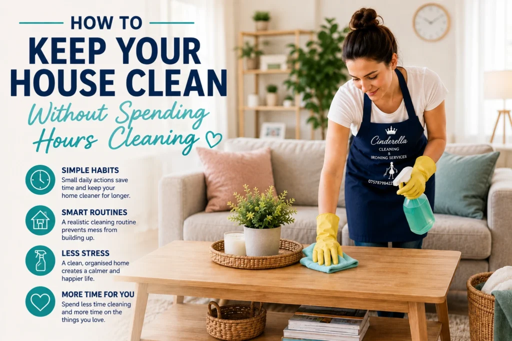 How to keep your house clean without spending hours cleaning infographic with practical home cleaning routines and Cinderella Cleaning branding