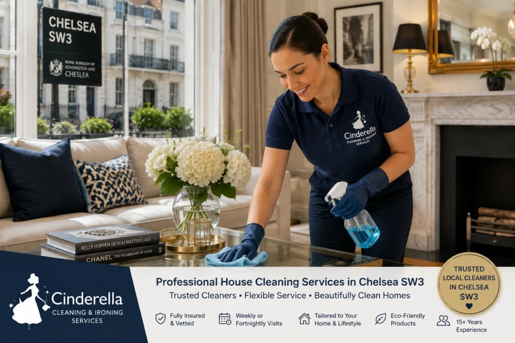 Professional house cleaner providing domestic cleaning services in a Chelsea SW3 home