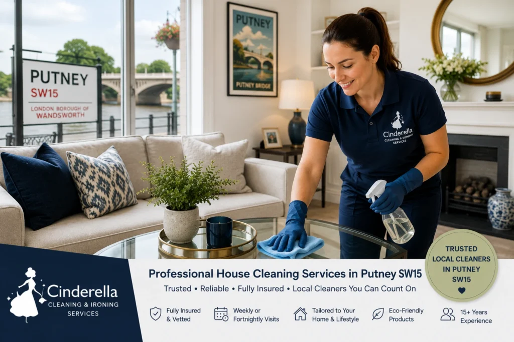 Professional home cleaner providing house cleaning services in a modern Putney SW15 home overlooking the River Thames