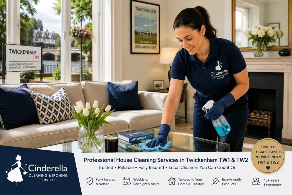 Professional house cleaner providing domestic cleaning services in a Twickenham TW1 home