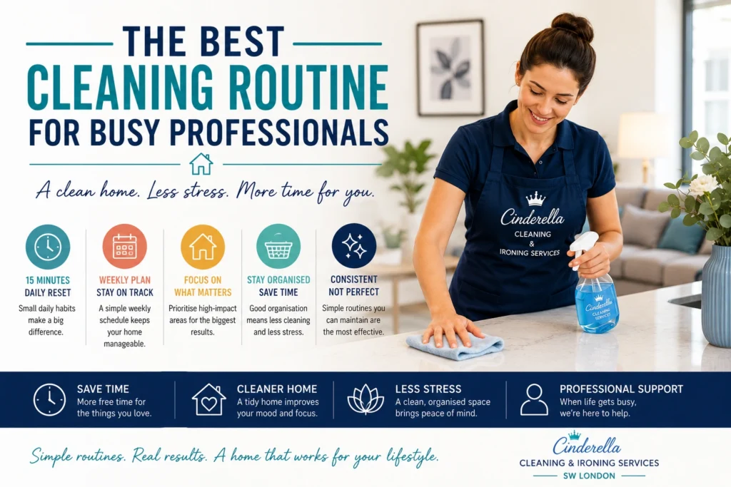 Best cleaning routine for busy professionals infographic with time-saving cleaning habits and Cinderella Cleaning home cleaning tips