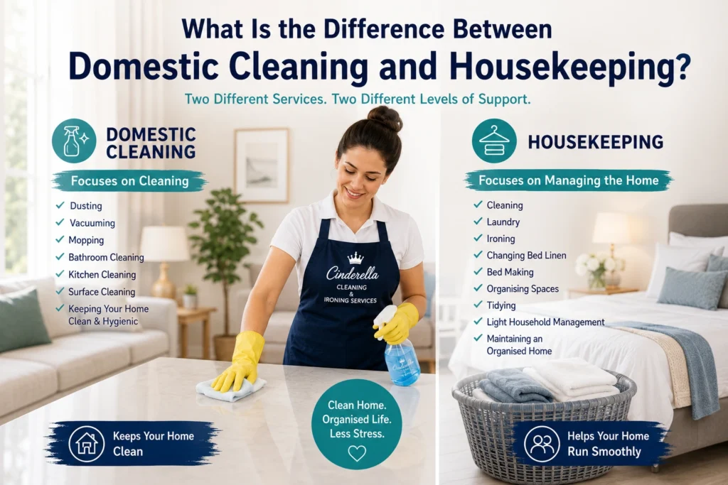 Difference between domestic cleaning and housekeeping infographic comparing cleaning services and housekeeping support in a modern home