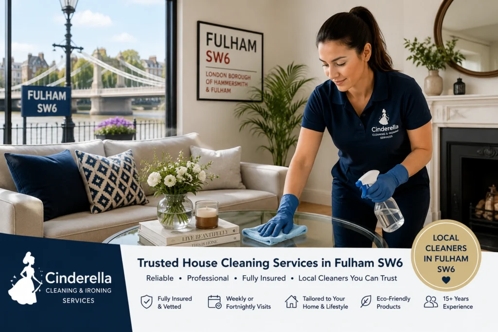 Professional home cleaner providing house cleaning services in a modern Fulham SW6 home