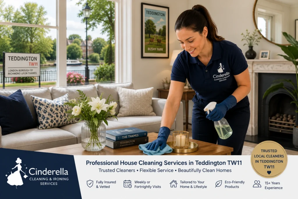 Professional house cleaner providing domestic cleaning services in a Teddington TW11 home
