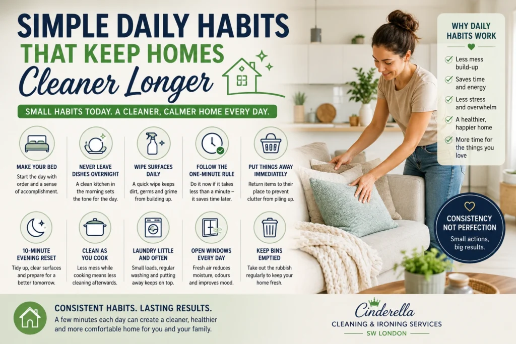Simple daily habits that keep homes cleaner longer infographic with practical home cleaning tips and Cinderella Cleaning branding
