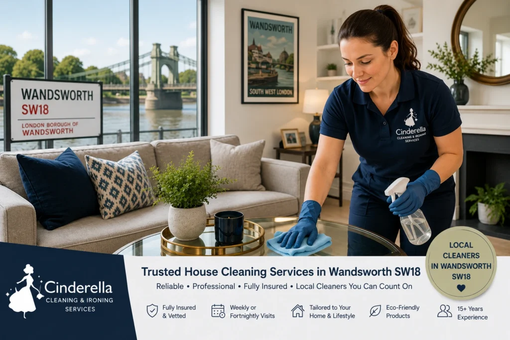 Professional home cleaner providing house cleaning services in a modern Wandsworth SW18 home near the River Thames