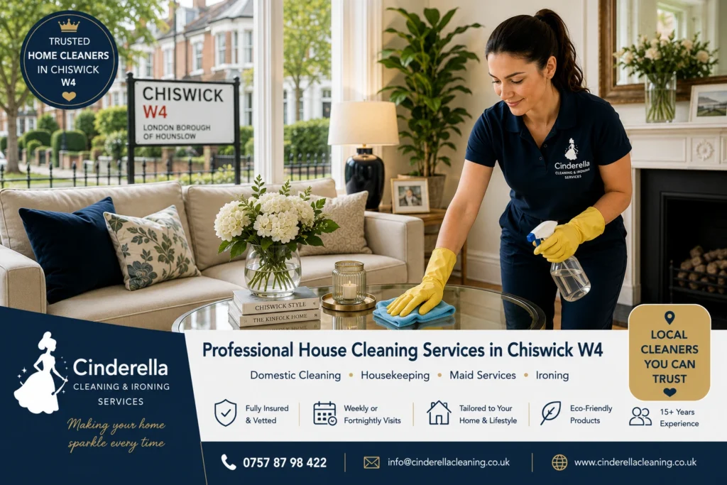 Professional home cleaner providing house cleaning services in a bright Chiswick W4 home