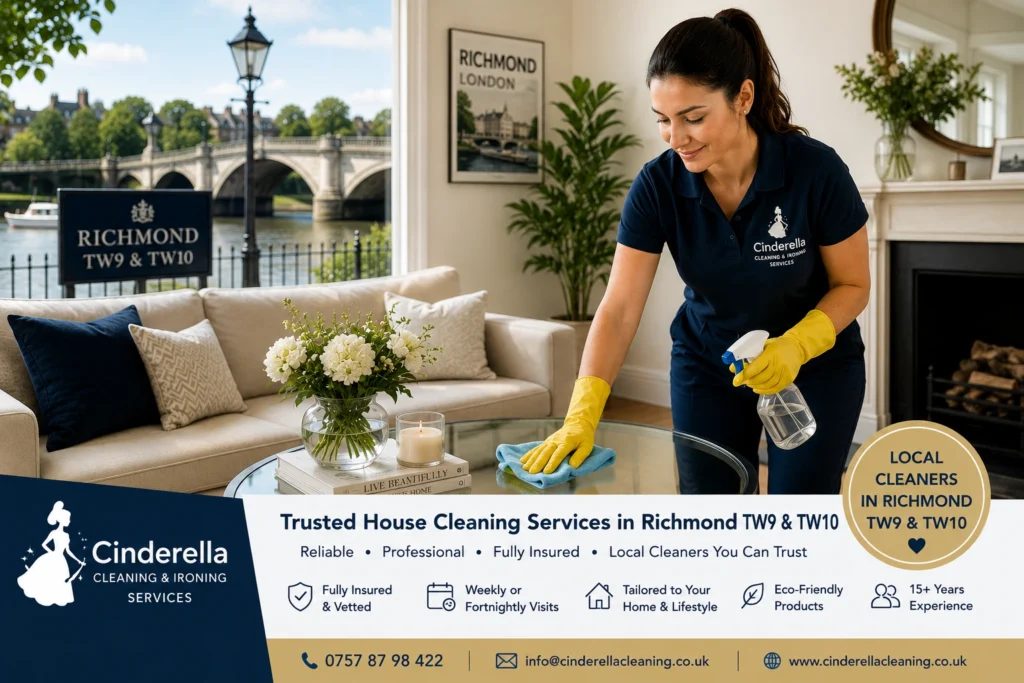 Professional home cleaner providing house cleaning services in a modern Richmond TW9 home