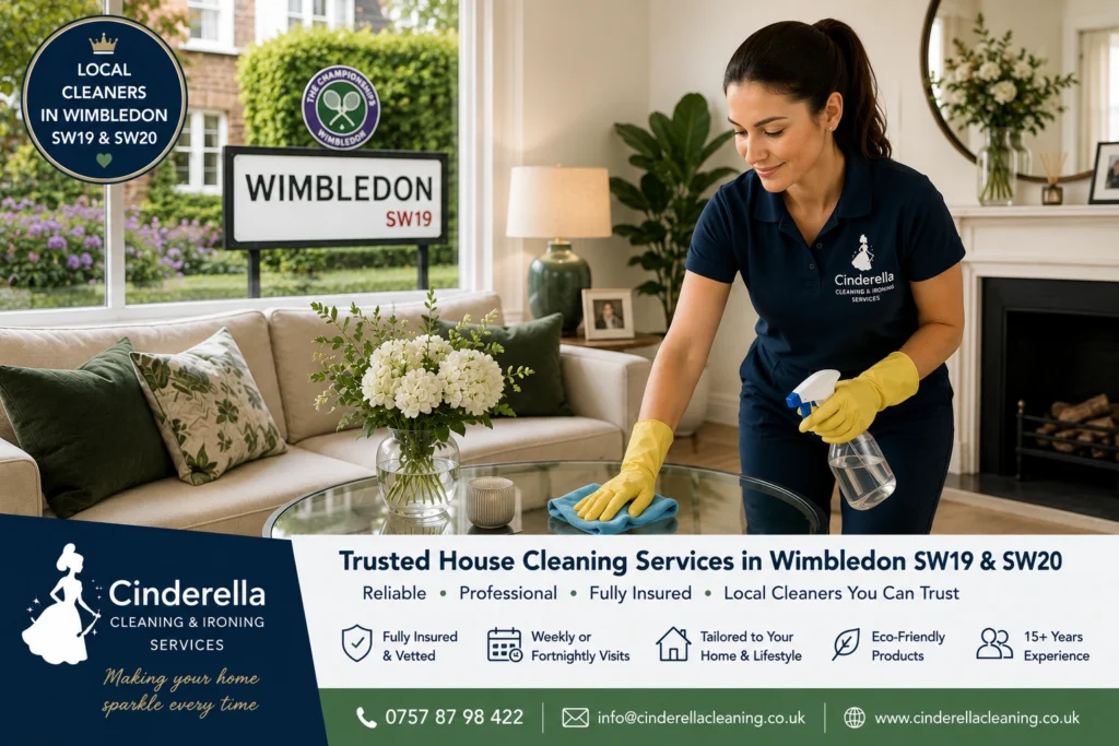 Professional home cleaner providing house cleaning services in a modern Wimbledon SW19 home